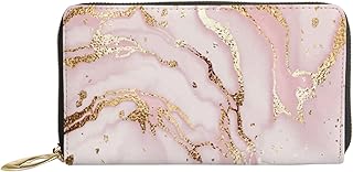 Carteiras femininas de couro genuíno abstrato rosa ouro mármore textura porta-cartão de crédito com zíper organizador de embreagem de couro feminino bolsa longa viagem, Textura abstrata de mármore ouro rosa, 7x4.3x0.8 Inches