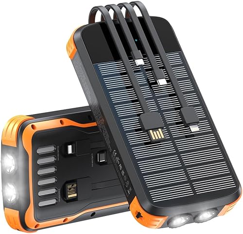 Banco de energía solar de 40000 mAh, cargador portátil PD de 20 W, cargador solar de carga rápida, cargador solar integrado con 4 cables y entrada