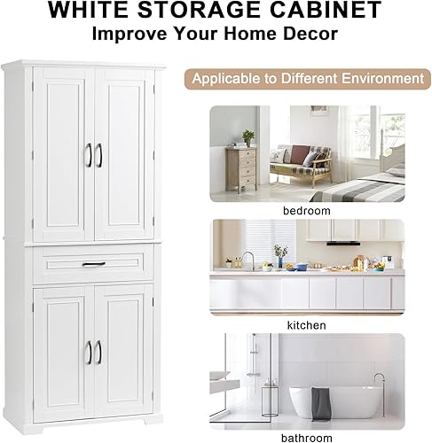 Miniatura 8 de Armario de almacenamiento de 72.2 pulgadas de alto con 4 puertas y cajón, gabinete de lino independiente, despensa de madera con estante ajustable