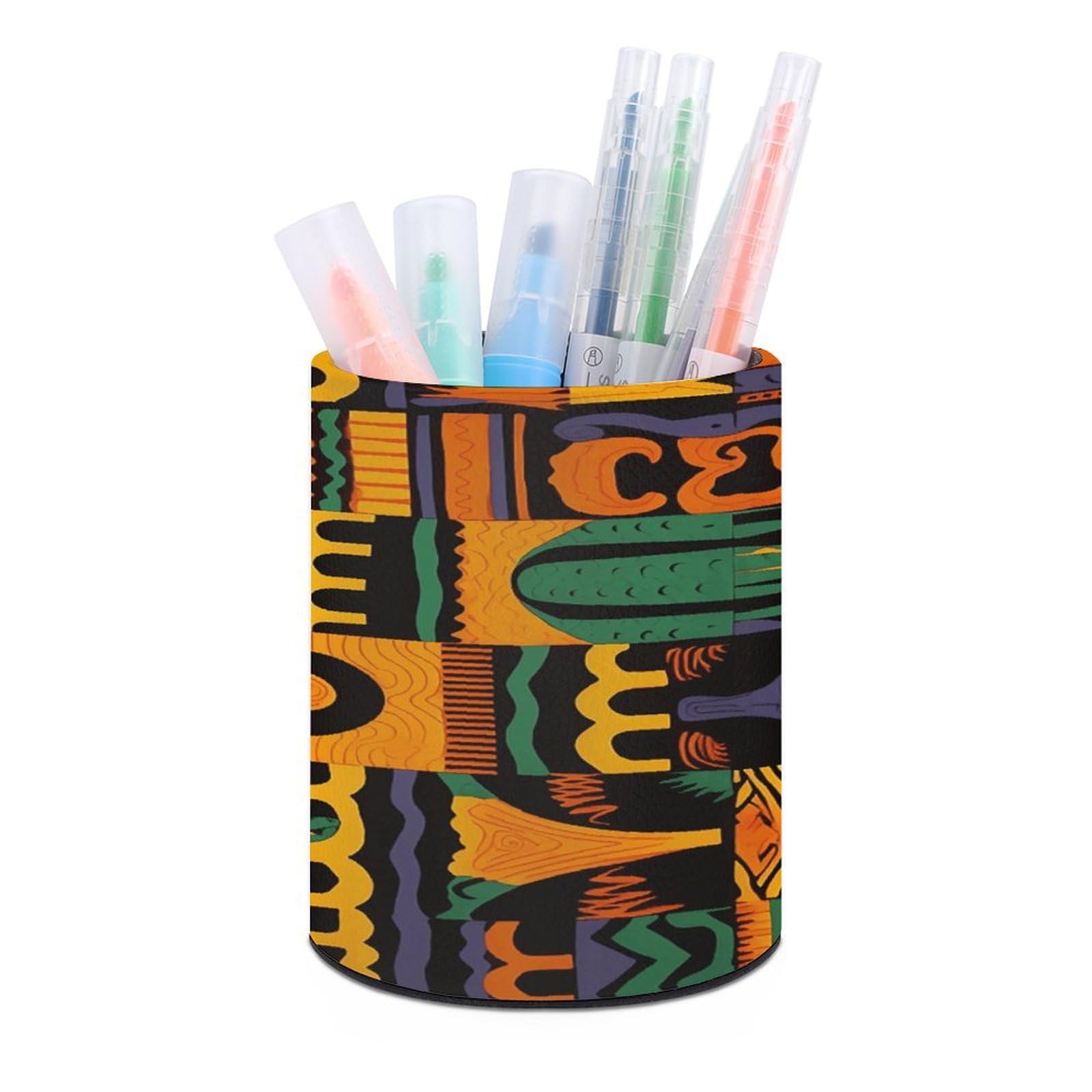 VstaDank African Ethnic Pattern Pen Holder PU Leather Pencil Cup Minimalist Desk Pencil Holder Round Make Up Brush Organizers For Office Dorm Room&Vanity Desk Accessories