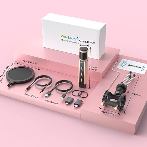 Miniatura 7 de Micrófono de estudio ZealSound, micrófono de condensador de radiodifusión con soporte y tarjeta de sonido incorporada, eco de grabación de karaoke
