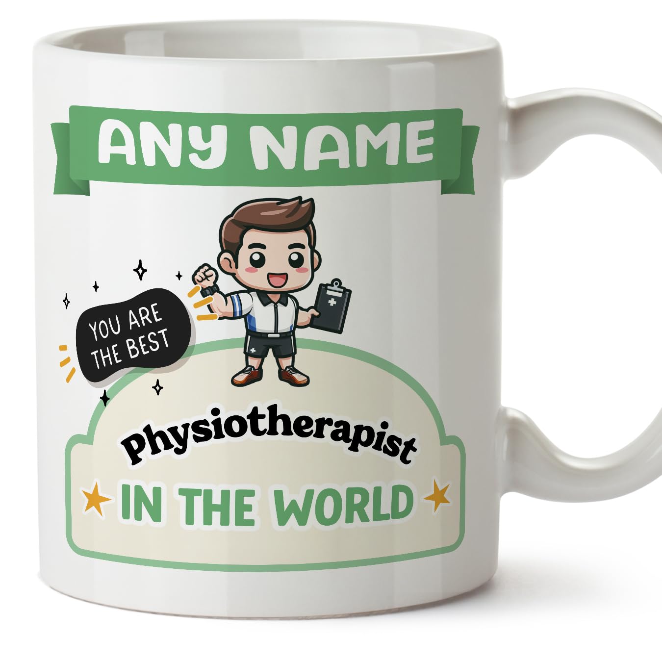 MUGFFINS Personalised Mug for Physiotherapist Man - in English - Best in The World - Kawaii - Funny Custom Gift for Colleagues - Ceramic 11oz Mug