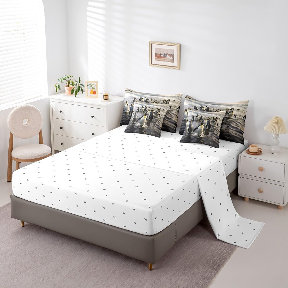Feelyou Kids Penguin Comforter Set with Sheets Queen, Cute Penguin 7 Piece Bedding Set Toddler Boys Girls Lovely Polar Animal Bed in a Bag Wildlife Bed Set Kids Room Decor