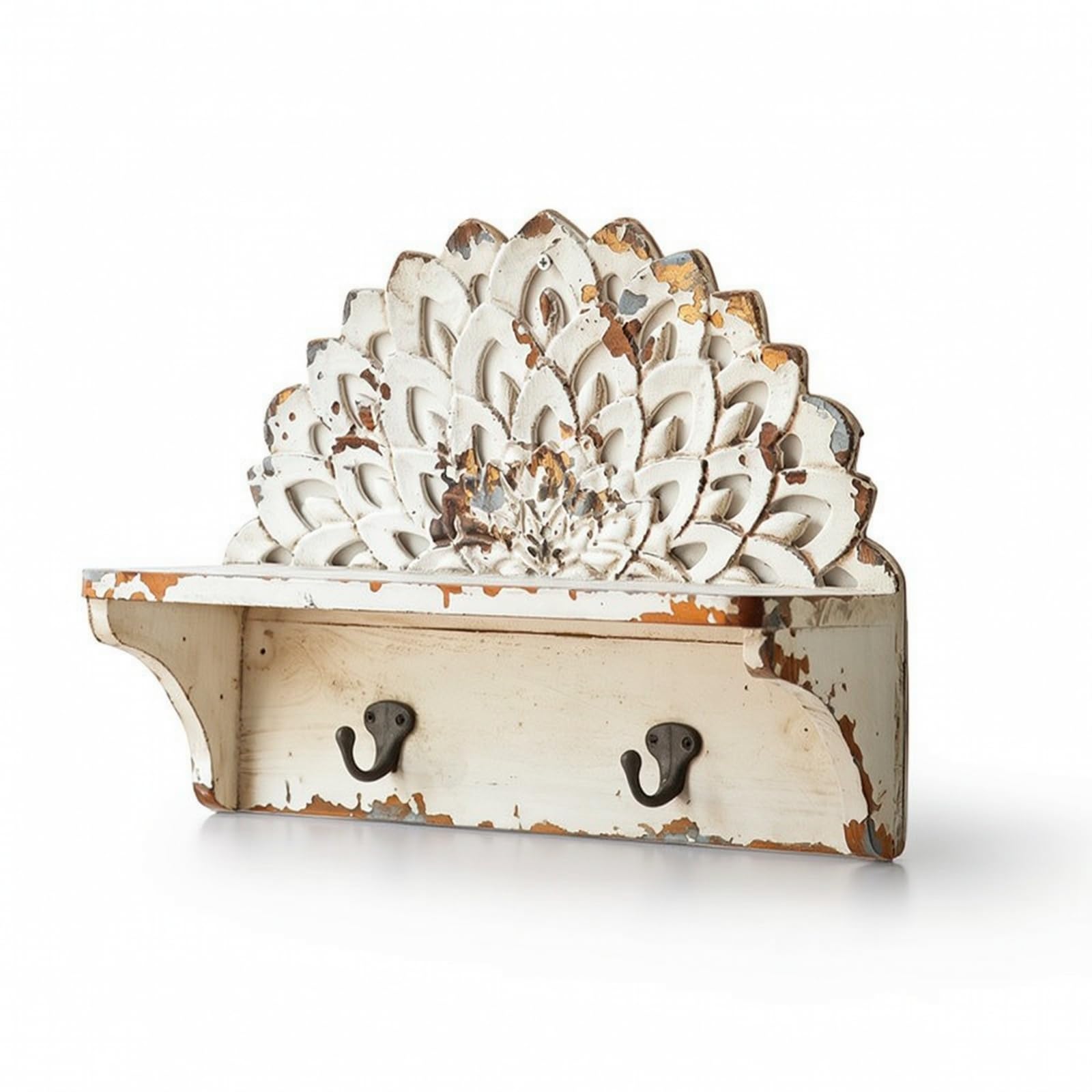 KESOTO Mensola da Parete in Legno con Ripiano Scaffale Portaoggetti Pannello Traforato Floreale E Finitura Antica Adatta per Ingresso Corridoio Lavanderia 40cmx29.5cmx12.5cm