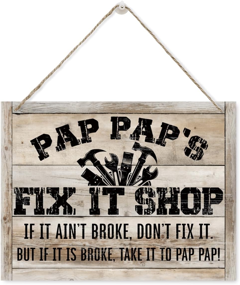 Funny Gift for Mechanic Pap Pap Grandpa, Father's Day Gift for Pap Pap, Pap Pap's Fix It Shop Sign, Rustic Wooden Hanging Plaque Sign, Home Garage Door Hanger, Garage Decor, Pap Pap Workshop Decor