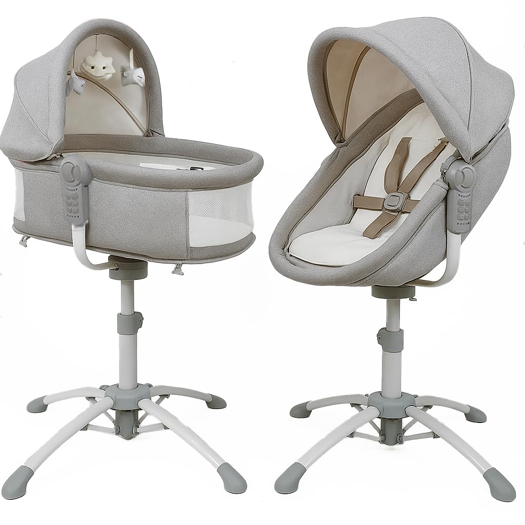 bebe2luxe Cuna 4 en 1 – Hamaca eléctrica multifunción : balancín, moisés Ajustable, Trona y Tumbona (0‑15 kg), arnés 5 Puntos, Altura/inclinación Regulable, 6 velocidades + vibración, USB/MP3, Mando
