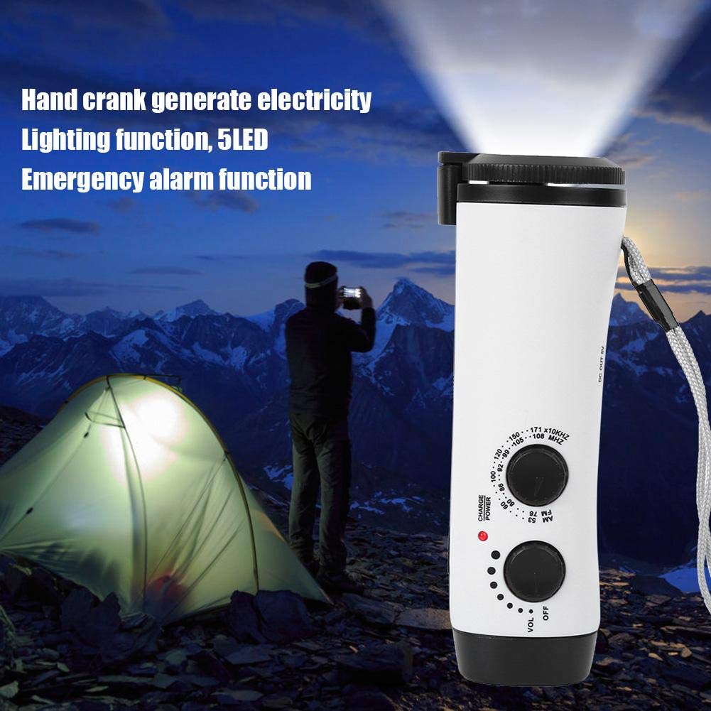 Torcia ricaricabile con energia solare e manovella, manovella esterna in plastica Torcia multifunzione Radio di emergenza LED Torcia Ricarica del telefono cellulare(bianca)