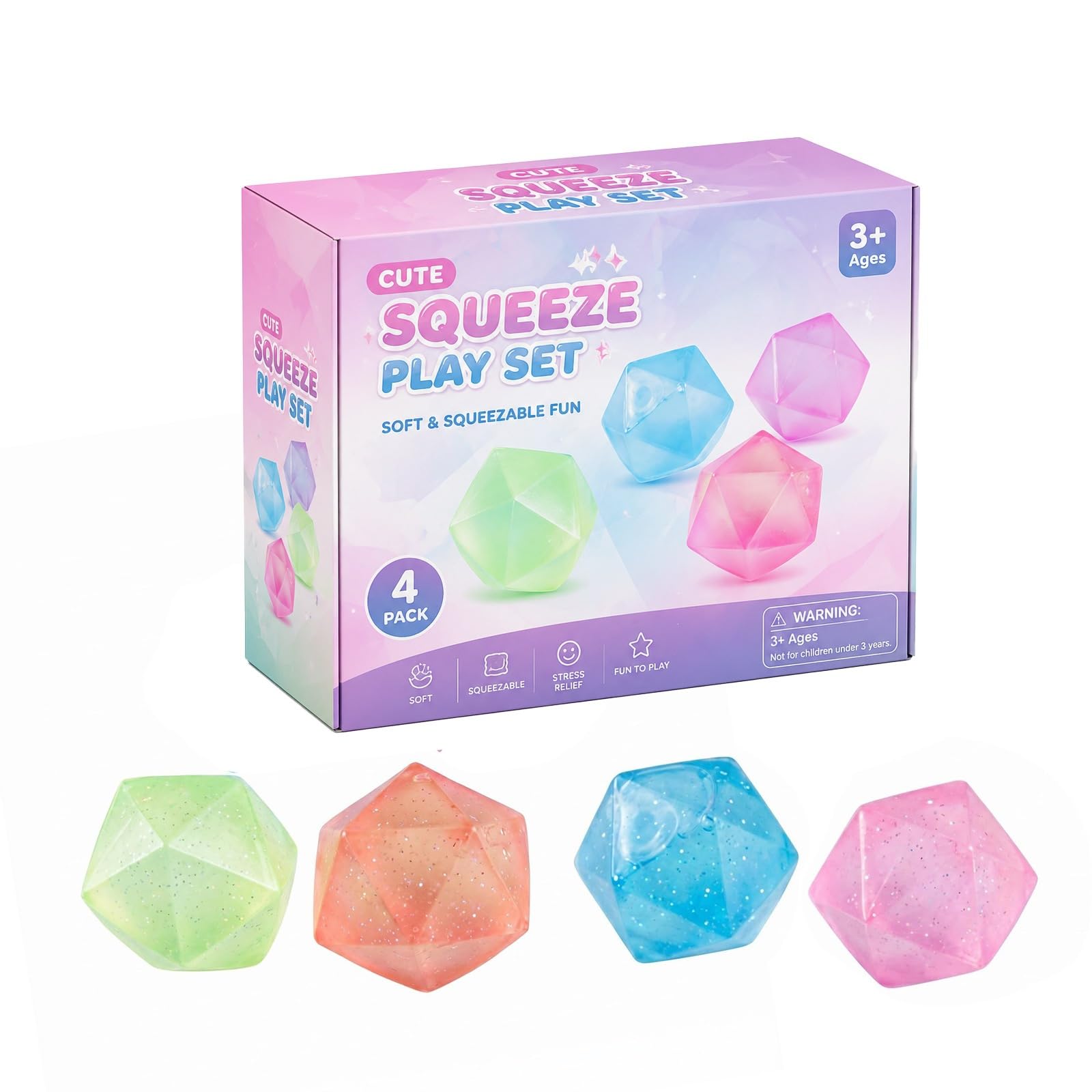 Stress Balls, Squishy Stress Balls Sensory Squeeze Ball for Kids Adults Squishy Fidget Toy Stress Relief Squishy Hand Exercise Balls Sensory Toys for Anxiety Alleviation (Diamond 4pcs)