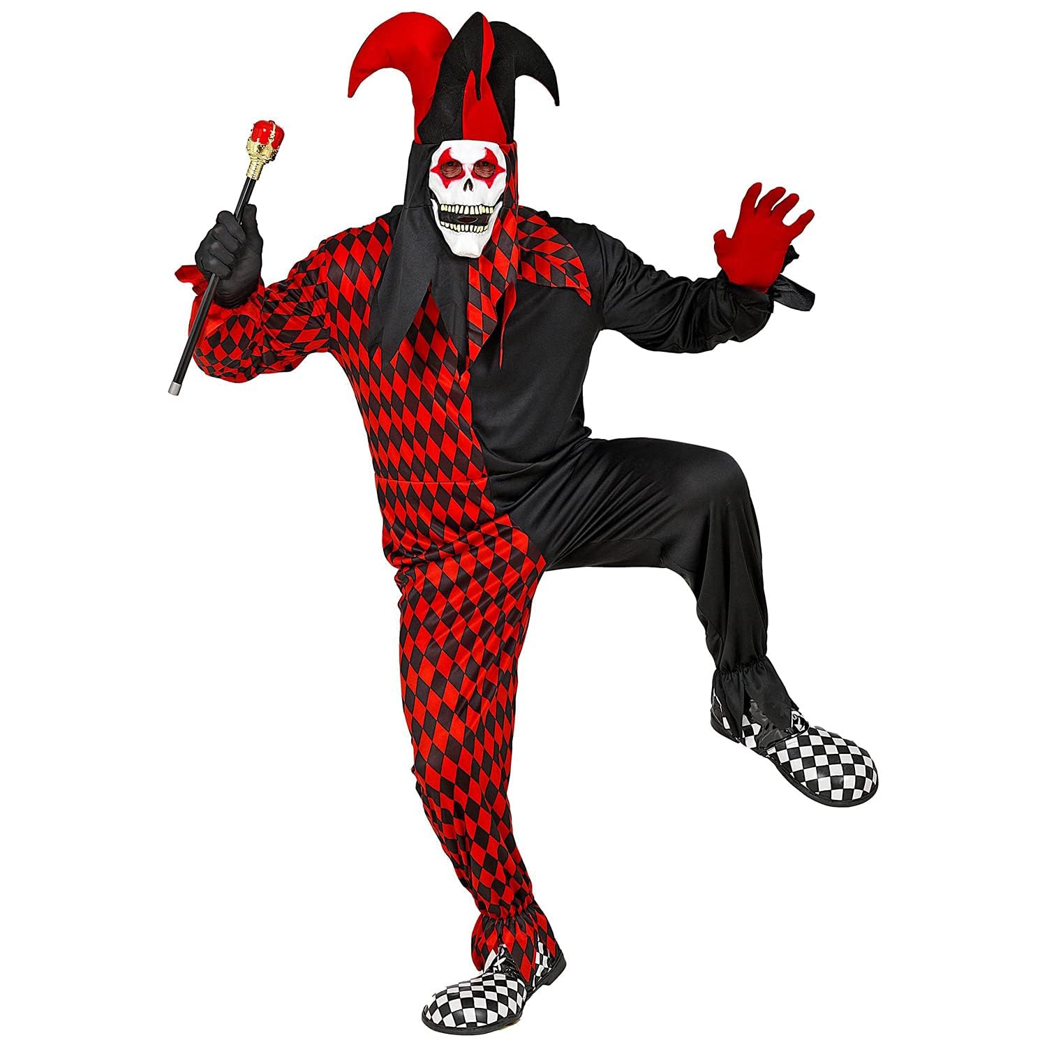 Widmann 29322 – Evil Harlequin Costume, Jumpsuit, Mask with Hood and Hat, Clown, Joker, Horror, Halloween