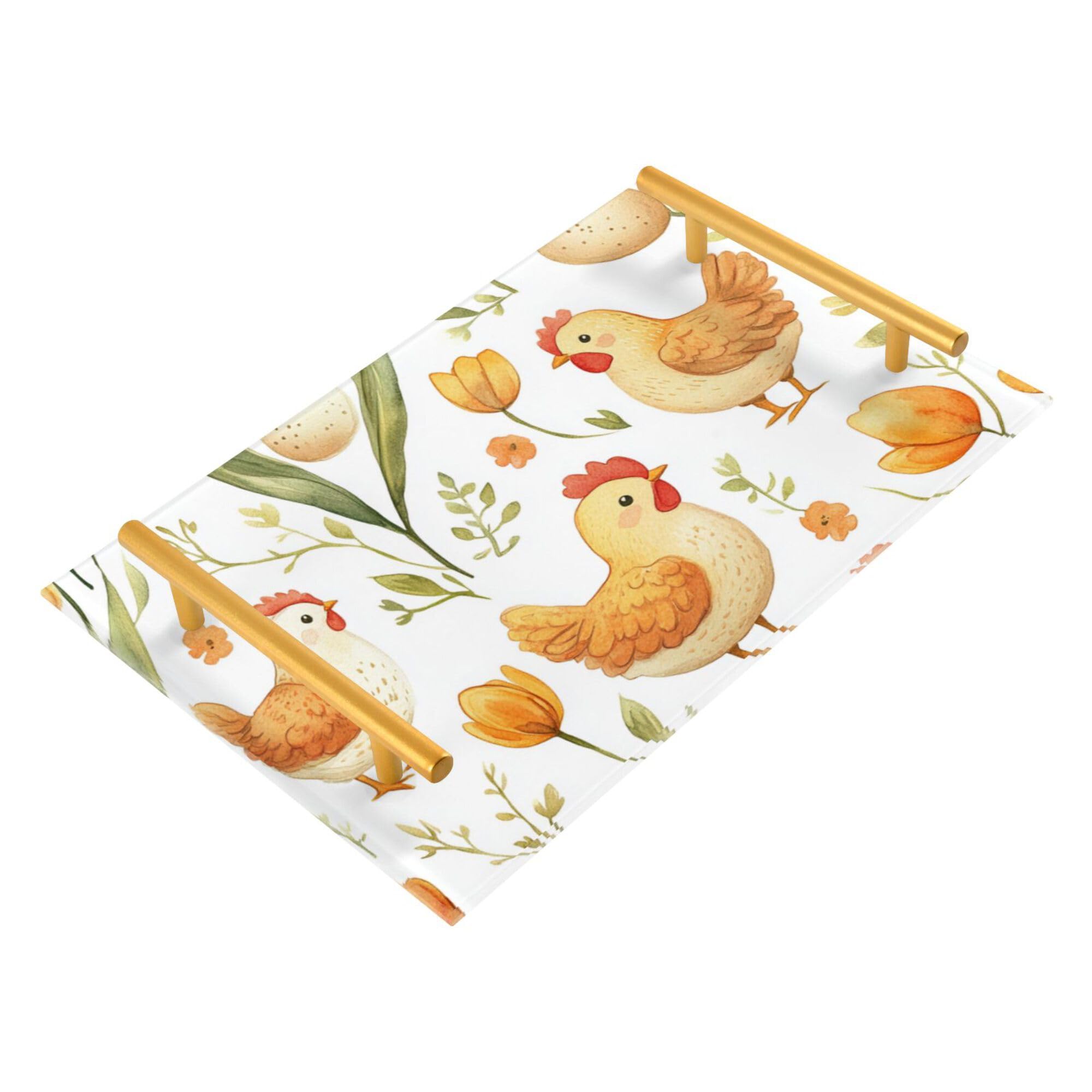 Bathroom Vanity Tray Counter Organizer, Flower Chicken Egg Cartoon Decorative Tray with Handles Countertop Storage for Bathroom Bedroom Kitchen Home Farmhouse