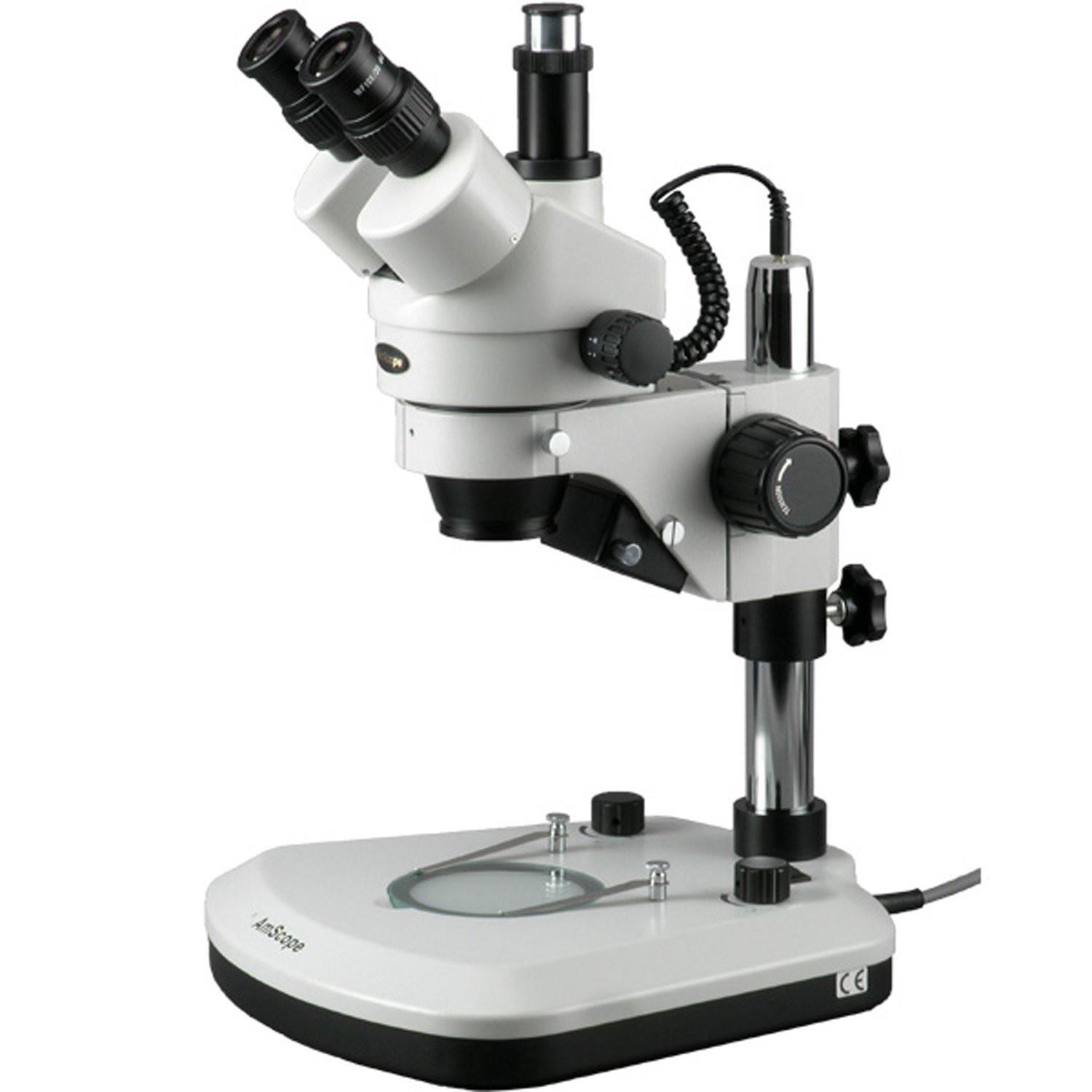 AmScope SM-1T-PL Professional Trinocular Stereo Zoom Microscope, WH10x Eyepieces, 7X-45X Magnification, 0.7X-4.5X Zoom Objective, Upper and Lower LED Lighting, Pillar Stand, 110V-120V