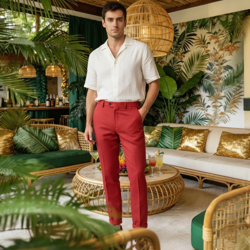 Men’s Dress Pants Lightweight Seersucker Pleated Slacks with Side Adjusters Waist Summer Beach Long Pants