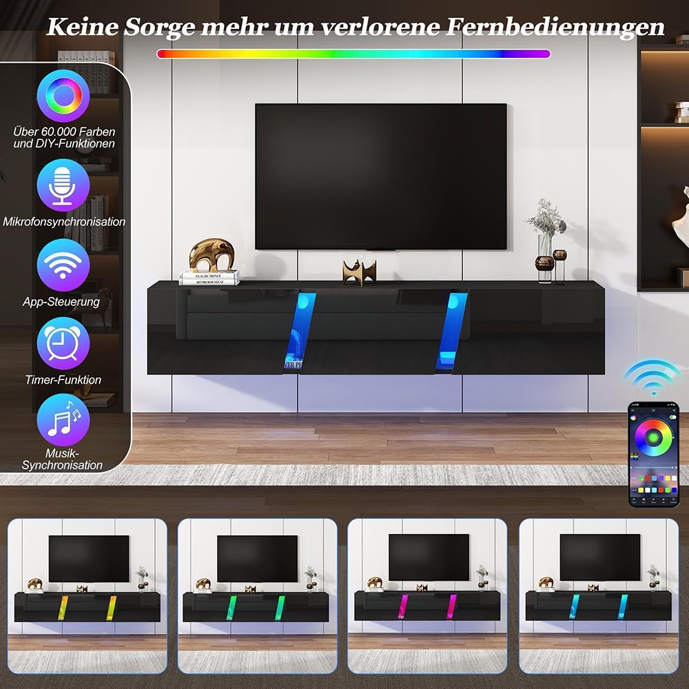 Sweiko Meuble TV Suspendu Noir Brillant avec LED App