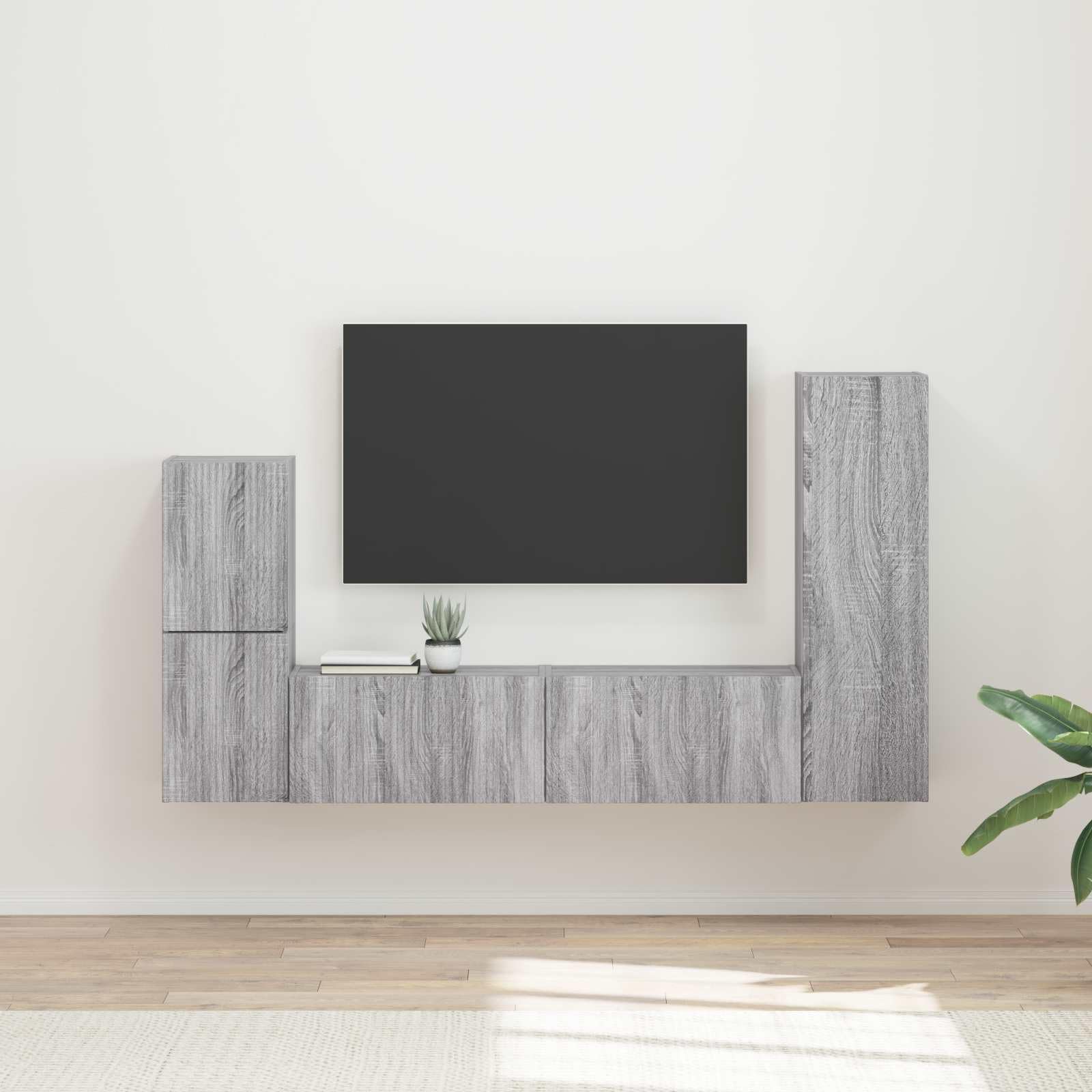 Zestaw szafek TV montowanych na ścianie, 4-częściowy, szary materiał drewnopochodny Sonoma, nowoczesne centrum rozrywki, oszczędność miejsca do salonu, wszechstronne miejsce do przechowywania