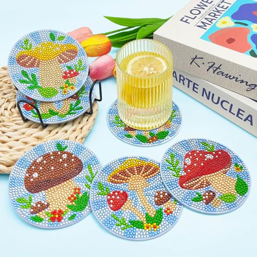Image of ZTOTZ Diamond Art Coasters Kit with Holders, Mushroom Diamond Painting Coaster Kit for Drinks,DIY 5D Diamonds Dot Coasters Art Supplies for Gift Table Decor(Mushroom,Flowers)