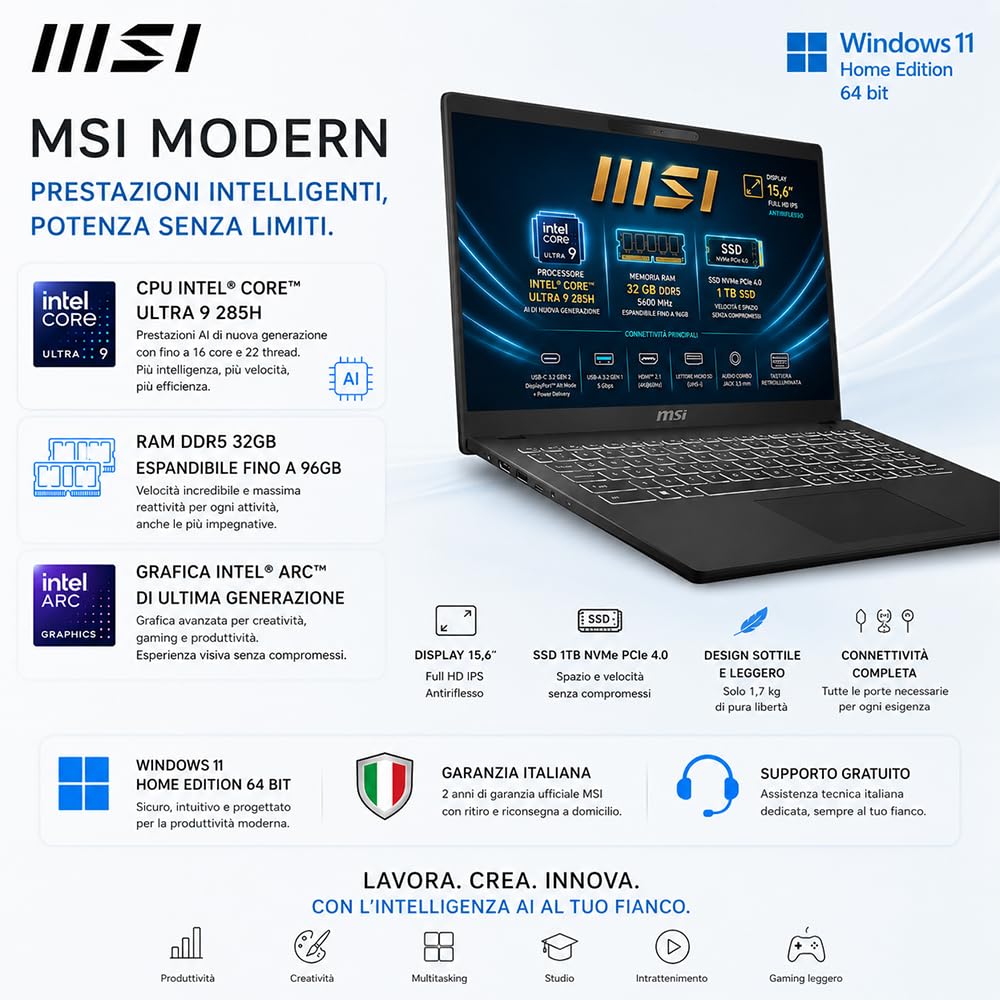msi Modern AI Notebook Intel Core Ultra 9 285H, Ram DDR5 32Gb, 1Tb, Win11 | 16Core fino a 5.40 GHz, SSD PCI Nvme da 1 Tb, Memoria Ram DDR5 32Gb, Intel ARC Graphic, Display port, Win11, Garanzia Italia