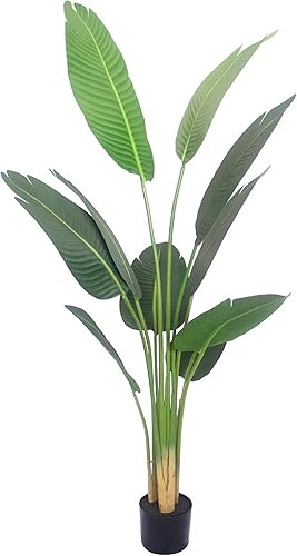 Árbol artificial de palma de pájaro del paraíso de 5 pies, plantas tropicales en maceta, tecnología de tacto real, planta artificial con 3 troncos,