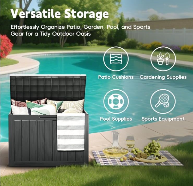46 Gallon Outdoor Storage Box, Black, Deck Box with Lid, 30.75 x 17.13 x 21.85 inches, 350 lbs Capacity