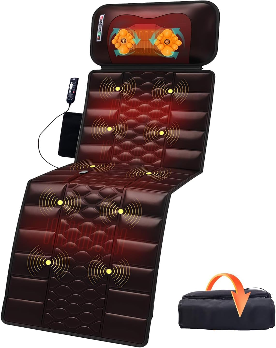 Ganzkörper-Massagematte mit Wärmefunktion, abnehmbarem Nackenmassagegerät, verschiedenen Massagemodi für den ganzen Körper, Massagekissen mit 10 Vibrationsmotoren und 9 Geschwindigkeitsstufen für