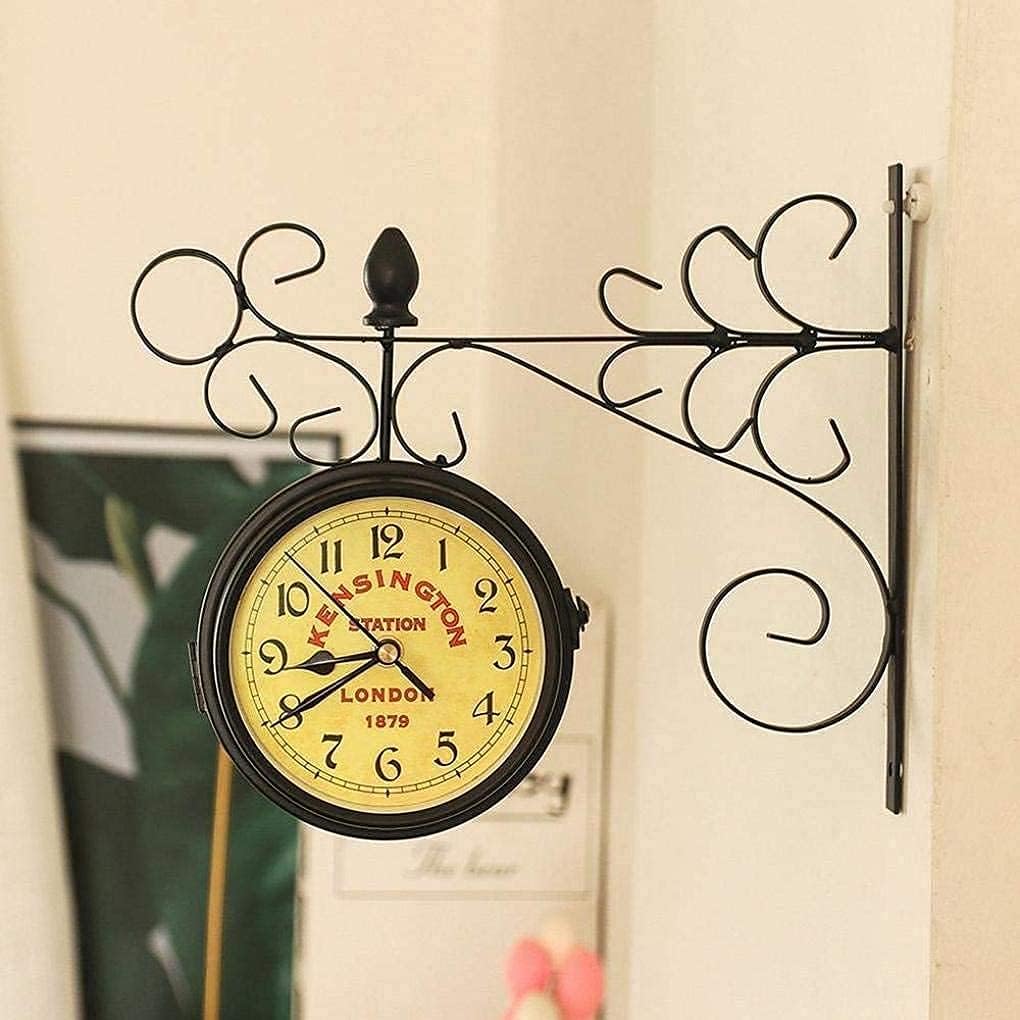 Wall Clock, Garden Clocks Outdoor Waterproof, Vintage Double-Sided Rotation Metal Rack Outdoor Clocks for The Garden Wall Mounted Battery Powered