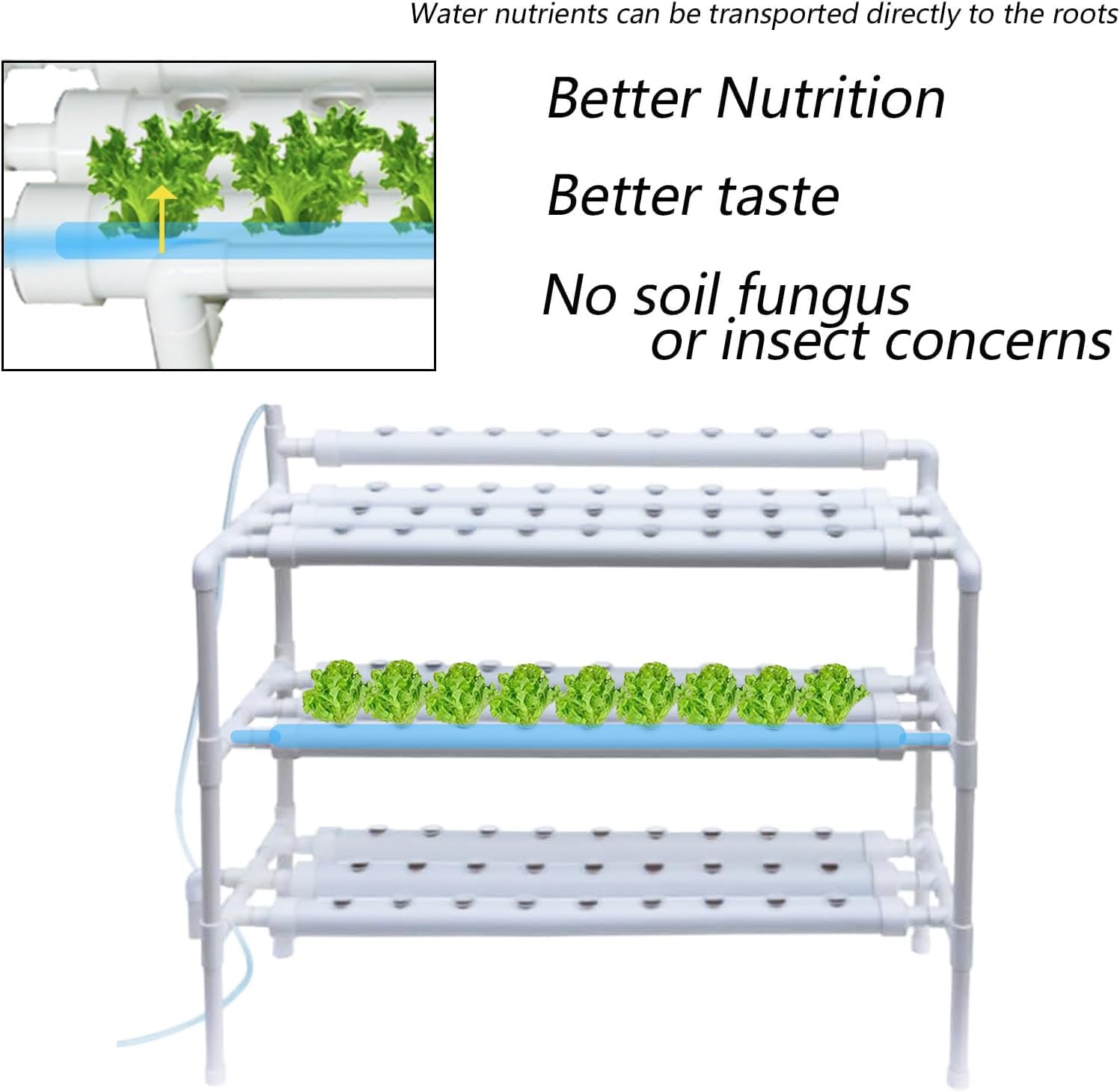 INTBUYING Hydroponics Growing System 90 Holes10 Pipes 3 Layers Plant Site Grow Kit Food-Grade PVC-U Pipes Hydroponic Gardending System with Water Pump, Nest Basket and Sponge
