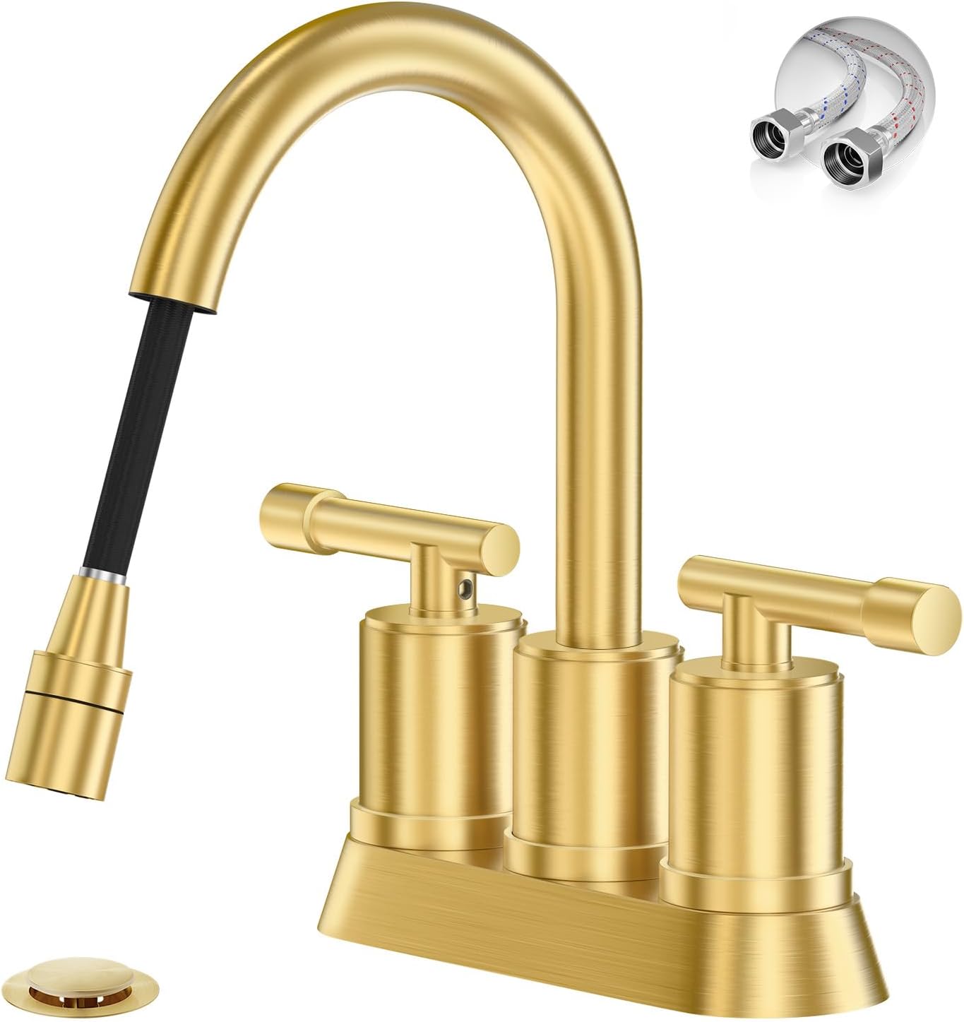 Phiestina Brushed Gold 4-Inch 2 Handle 3 Holes with Pull Out Sprayer Faucet for Bathroom, Laundry, Utility Sink, Modern Centerset Heavy Duty Faucet with Pop-up Drain and Supply Lines, ZY01CL-2M-BG
