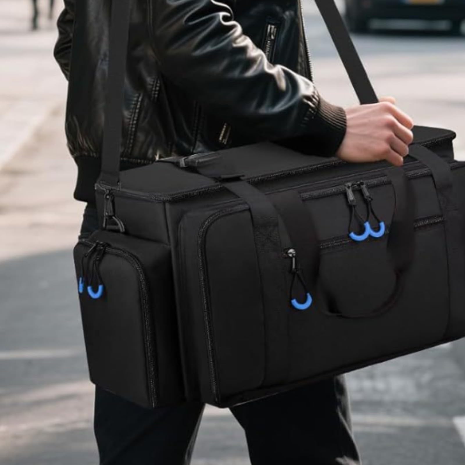 Bolsa Organizadora Cables Portátil | Compartimentos Acolchados Ajustables, Bolsa Herramientas con Correa, Resistente, Estuche, para Conciertos, Exteriores, Negro Naranja