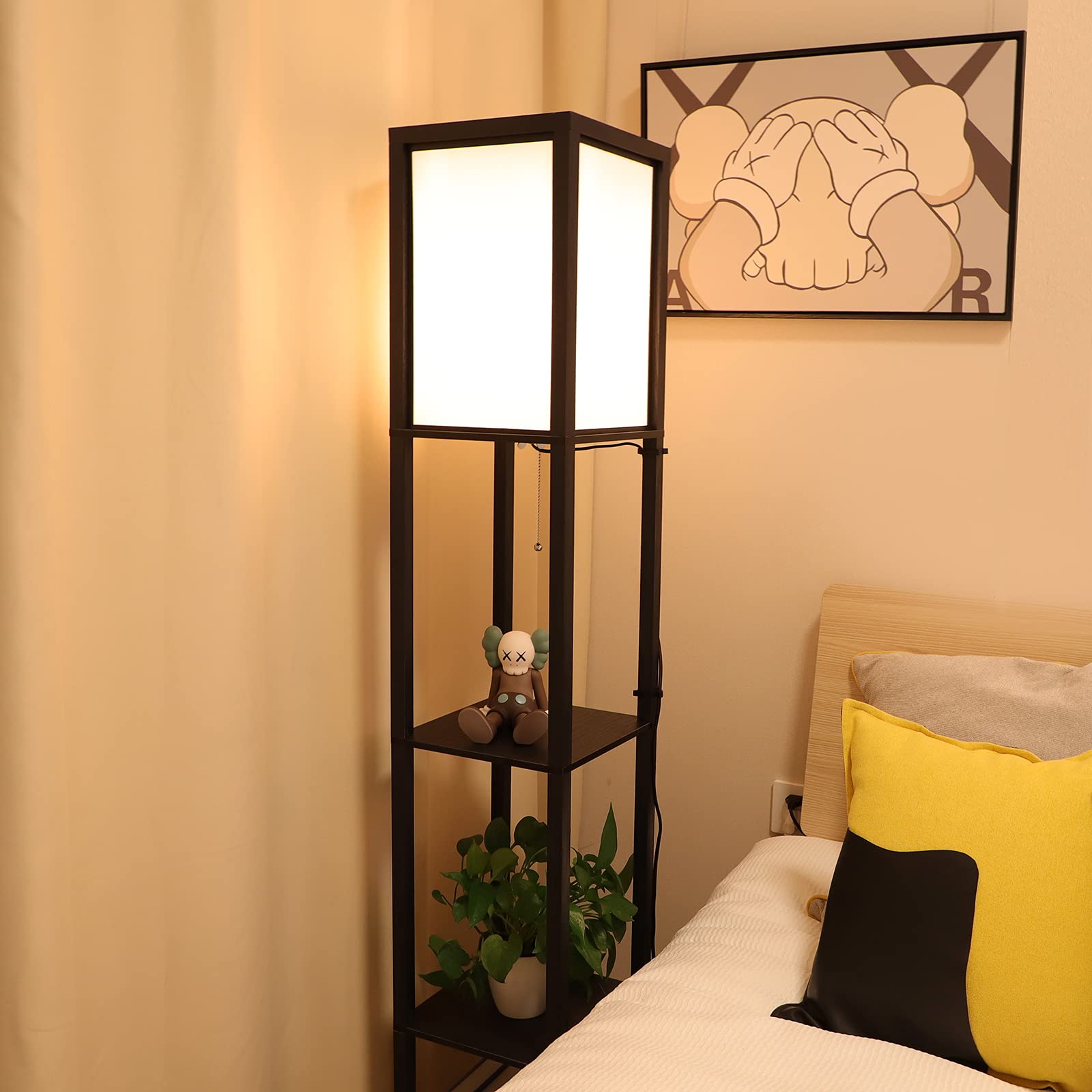 Lampada Salotto da Terra, 3000K-5000K Lampada da Pavimento in Legno con Scaffale, Lampada a Stelo 1.6M, Piantana da Terra con Presa E27 per Camera Da Letto e Soggiorno (Lampadine Incluse)