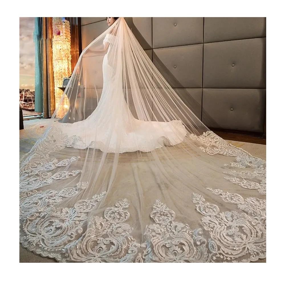 Schleier Braut,Brautschleier Einlagiger Hochzeitsschleier mit Kamm, weißer Spitzenrand, Brautschleier, applizierte Kathedralen, Hochzeitsschleier(300cm)