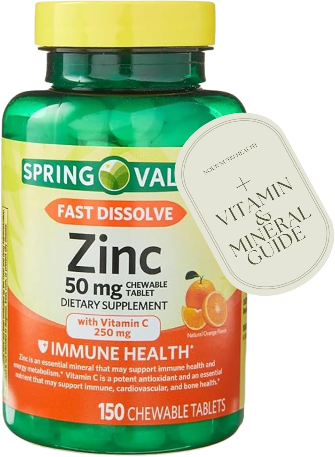 Zinc with Vitamin C 50mg, Orange Flavor, 150 Fast Dissolve Chewable Tablets – Immune Support Supplement with Vitamin Guide