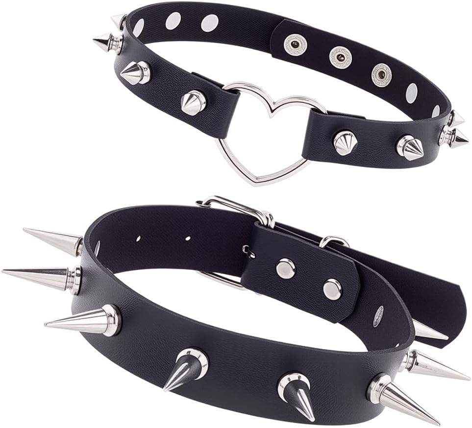 2PCS PU Leather Punk Rock Spiked Choker Gothic Studded Rivets Collar Alloy Hollow Heart Choker Cosplay Jewelry Collar Chain Necklace Decorations for Women Party Cosplay Decorations (Black)