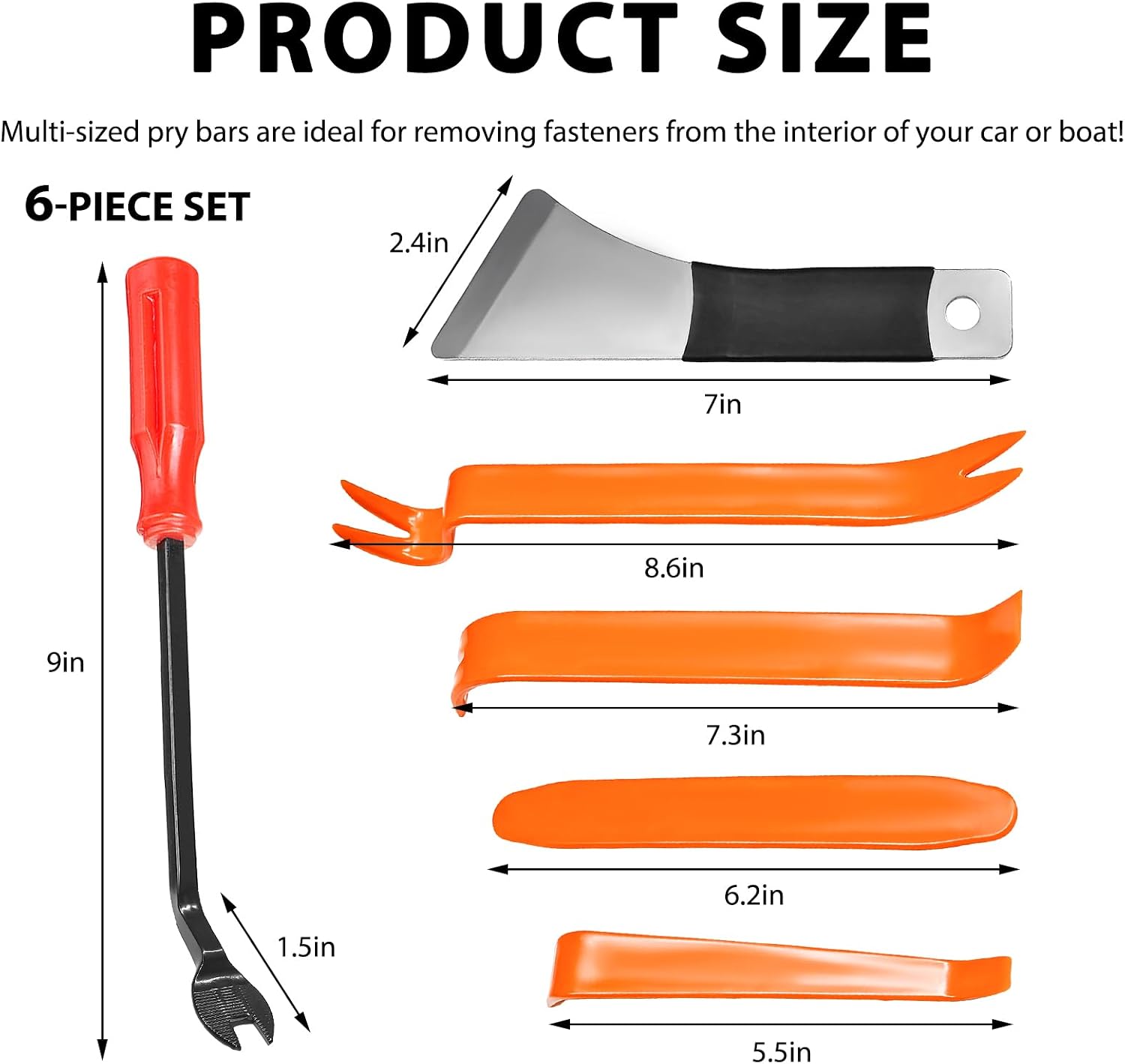 6PCS Auto Trim Removal Tool Set, No-Scratch Plastic Car Body Fastener Remover with Metal Pry Board, Universal Vehicle Trim Remover Pry Bar for Door Panel Dashboard Clip