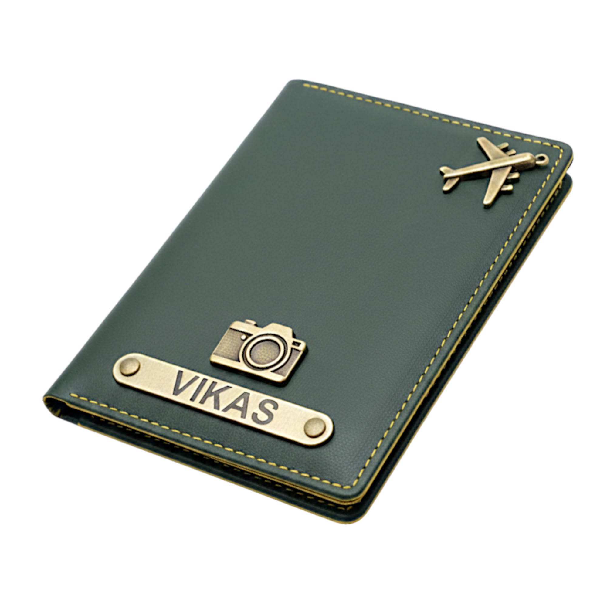 Customised Name & Charm Leather Passport Cover Holder for Men & Women (Green) | Personalised Birthday Gifts for Men
