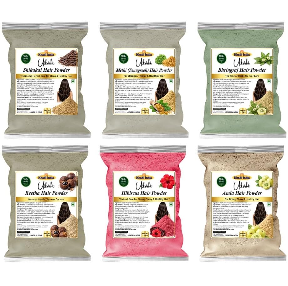 Image of Khadi Utkrisht Herbal Hair Powder with Shikakai, Amla, Reetha, Bhringraj, Methi & Hibiscus | 100% Natural Hair Cleanser for Hair Growth, Dandruff Control & Hair Fall Reduction (Chemical-Free) - 240GM (Pack of 6)