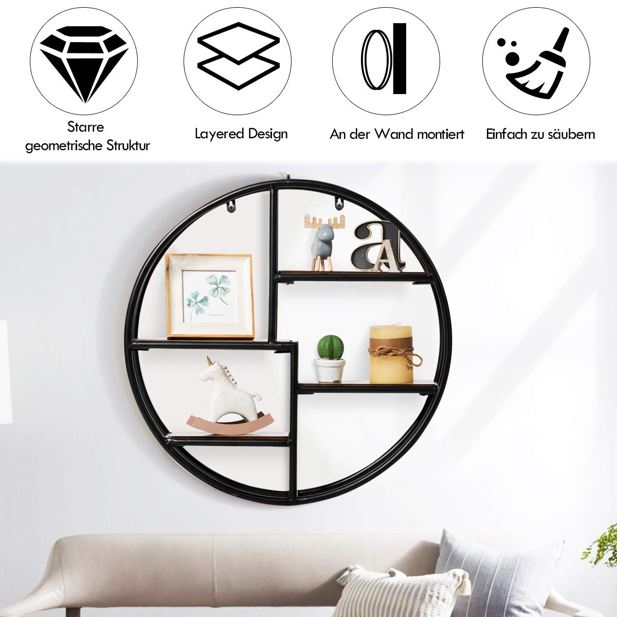 COSTWAY Wandregal Rund, Hängeregal mit 4 Böden, Metallregal Holz, kreisförmiges Bücherregal für Schlafzimmer, Wohnzimmer, Küche und Büro 55x55x11cm