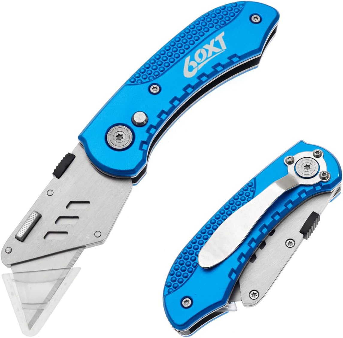 Utility Knife Folding Safety Lock & Quick Change with 10 Extra SK5 Replacement Blade Lightweight Aluminum Handle & Pocket Clip Multi-Use Box Cutter Office Home Art Diy Great Gift Choice (Blue)