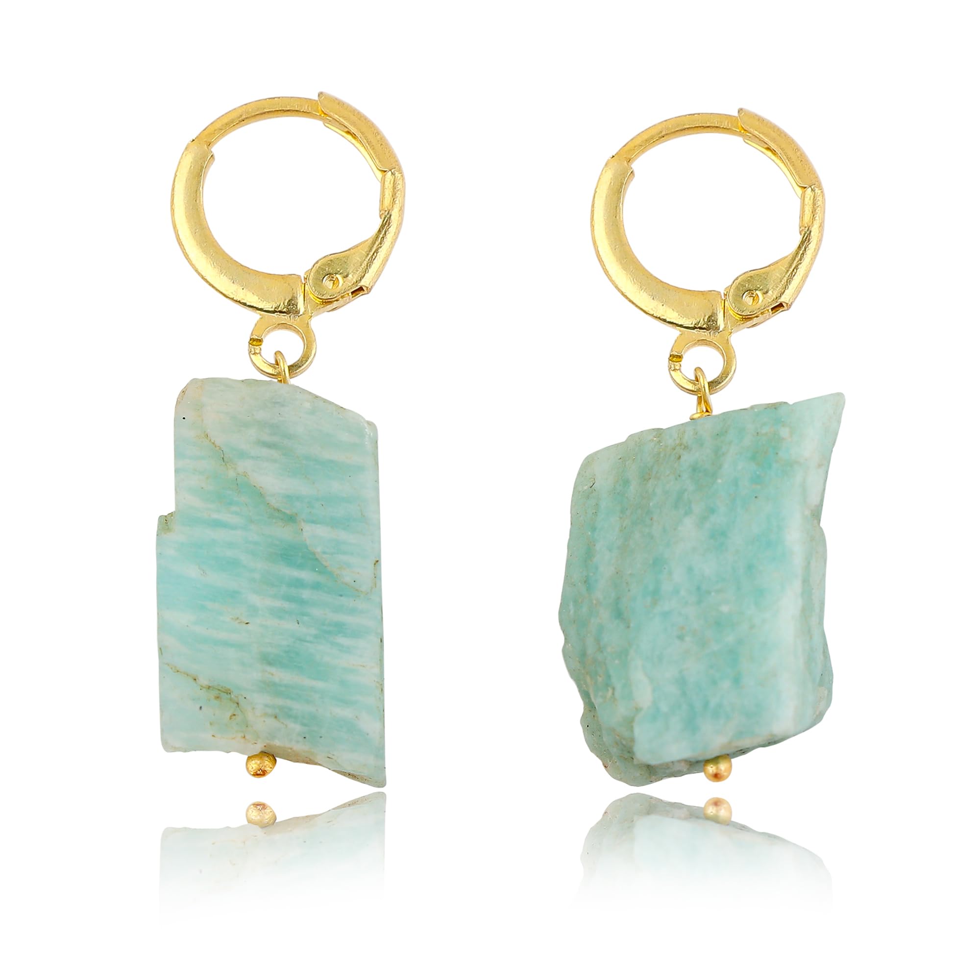 Raw Amazonite Gemstone Hoop Earrings – Natural Crystal Stone Dangle Earrings for Women – Hypoallergenic Gold Plated Small Hoops – Handmade Lightweight Statement Jewelry (Amazonite)