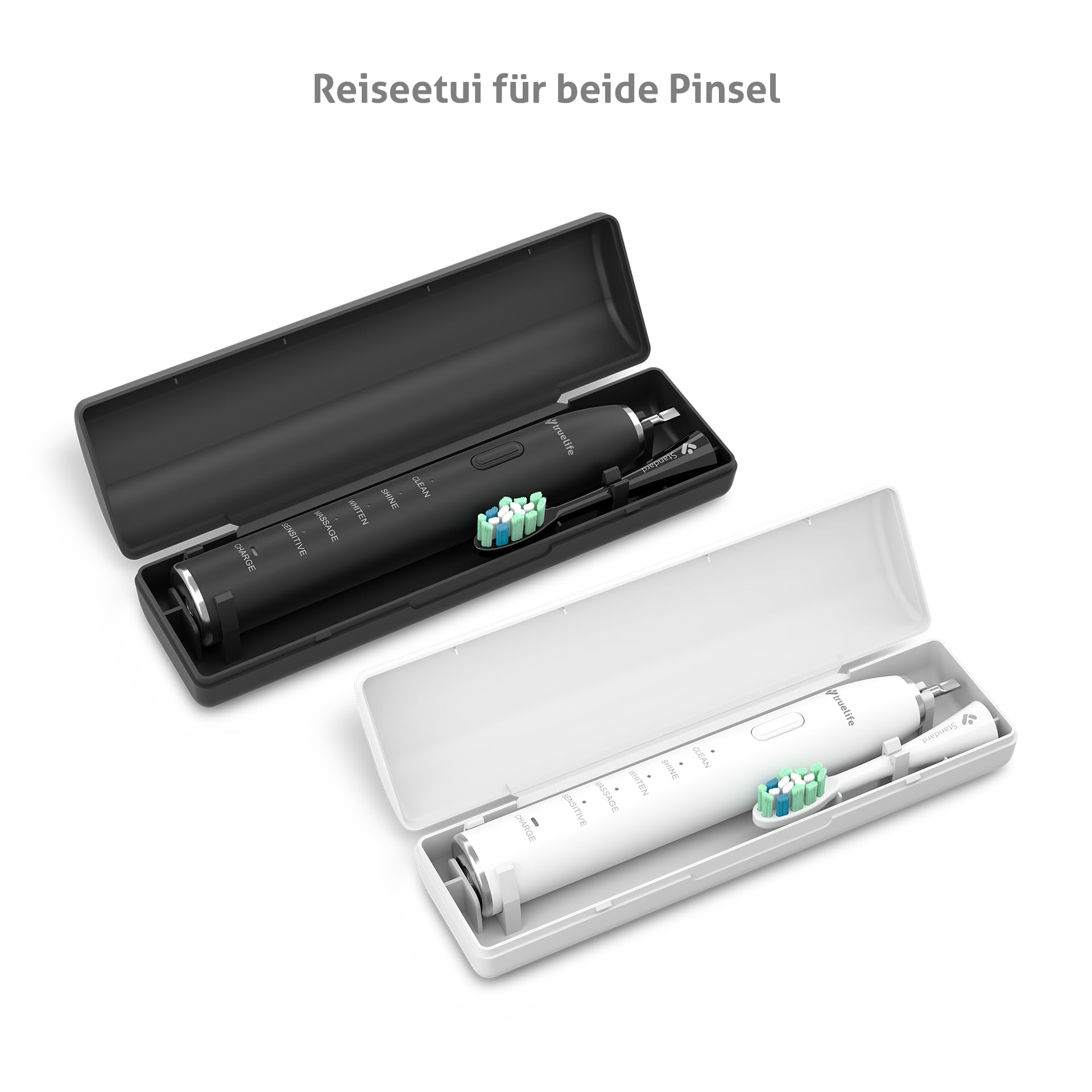TrueLife Schallzahnbürste SonicBrush Clean30 Duo – Schallzahnbürste Set mit 5 Modi, 30 Tage Akku, USB-C, Timer, IPX7 wasserdicht, 2 Zahnbürsten inkl. Aufsteckbürsten & Reiseetui (Schwarz und Weiß)