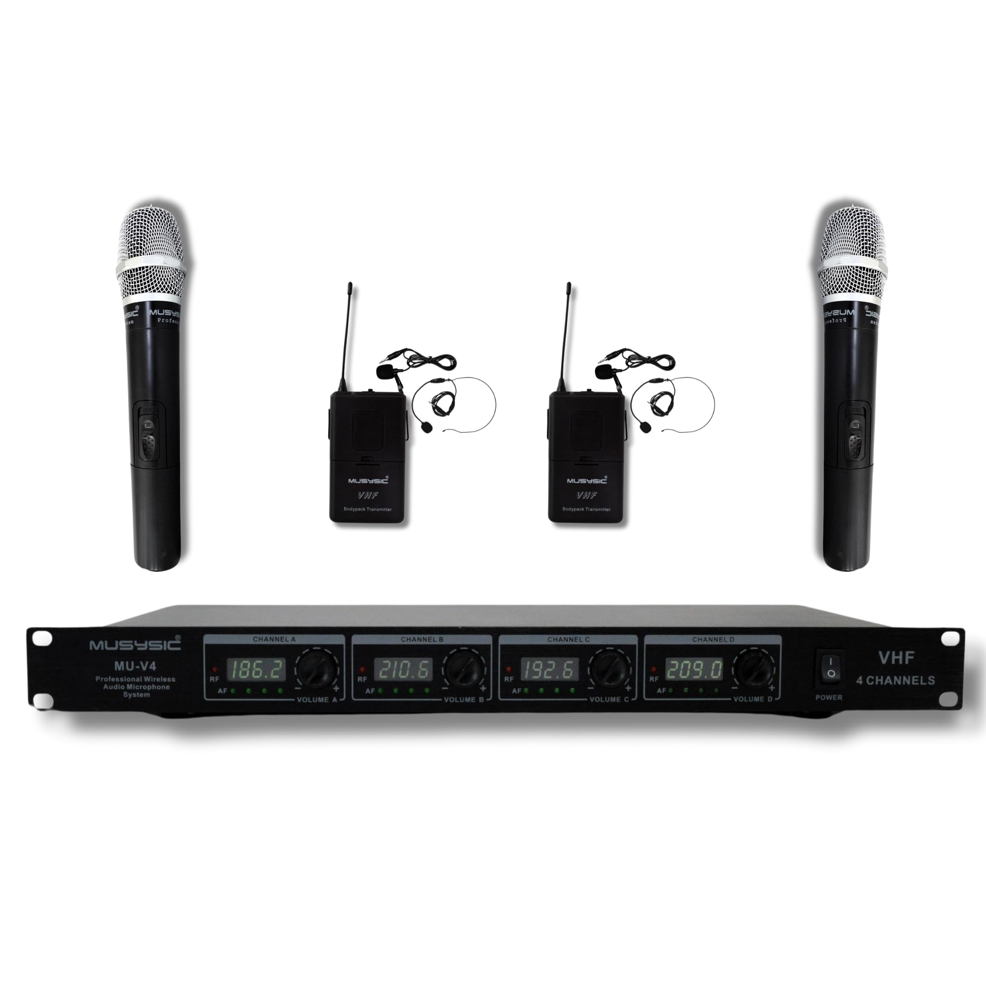 MUSYSIC 4-Channel Professional VHF Handheld & Lapel/Lavalier Headset Wireless Microphone System with Metal Receiver for Church, Party, Meetings, Conference (2 Handheld & 2 Bodypack)