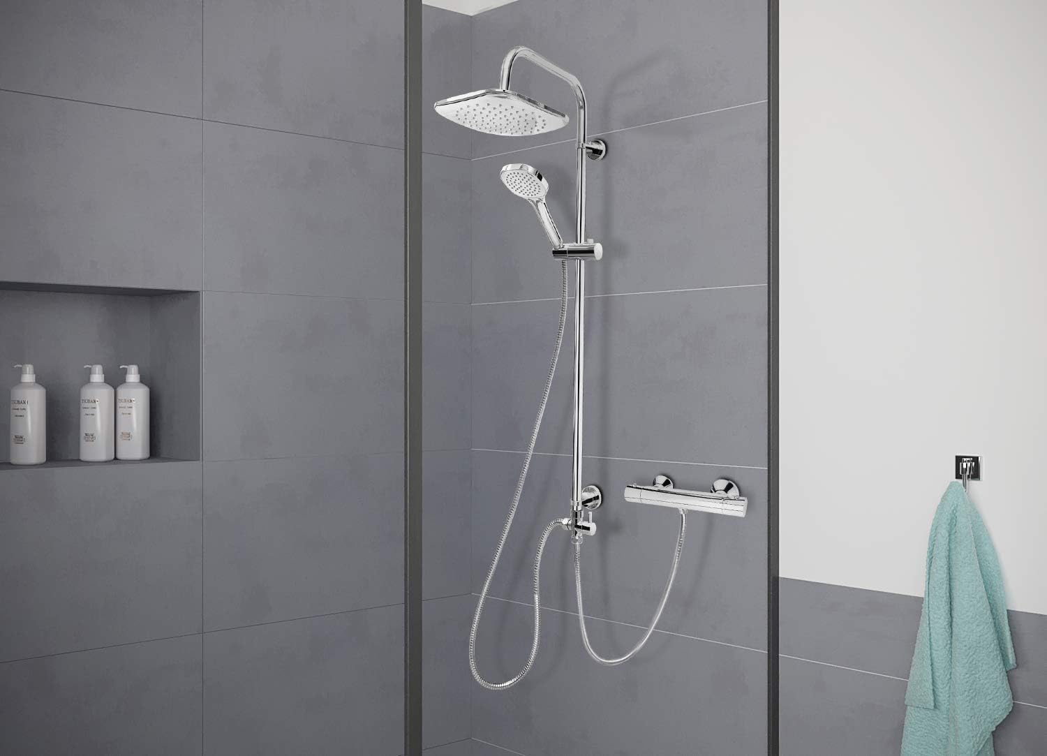 Technical drawing with dimensions of the Cornat Square Neo TECBW3414 Shower System