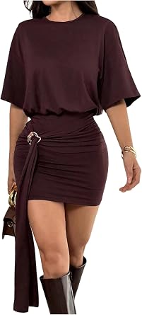 Milumia Womens Short Sleeve Mini Dress Metal Cinched Waist Ruched Y2k Going Out T Shirt Dresses