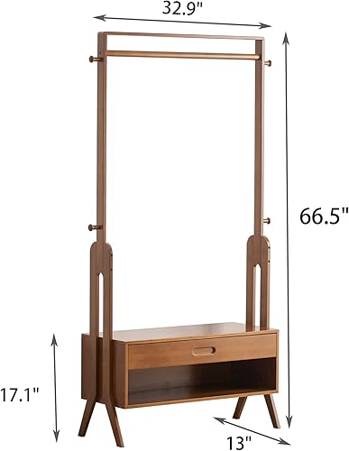 Miniatura 2 de CROSS WIN Perchero de madera de bambú para ropa, organizadores independientes de armario y cajones de almacenamiento con asiento y ganchos,