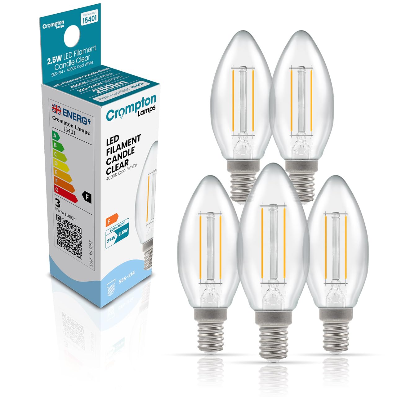 Crompton Lamps Filament Candle LED Light Bulb SES-E14 | 2.5W = 25W Equivalent | Cool White 4000K | Energy Efficient | Small Screw Lightbulb | Long Life 15000-Hrs | Clear Glass | Dimmable | 5-Pack
