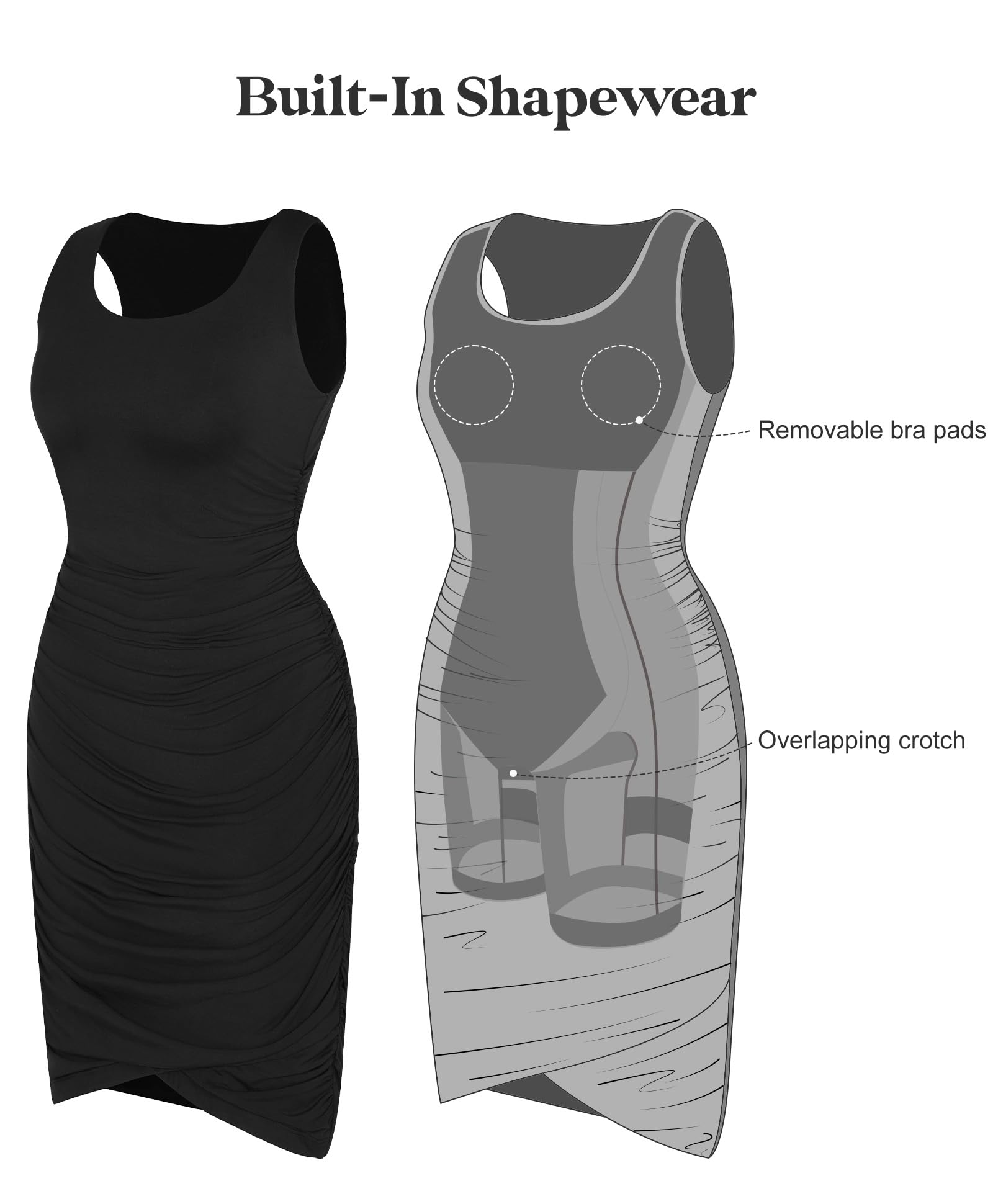 Popilush Mini Dresses for Women U-Neck Shapewear Tummy Control Bodycon Ruched Dress Party Club Date Night Going Out: X-Small Black