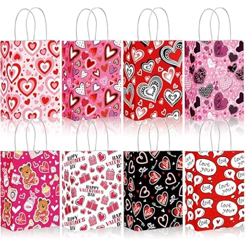 TOXOY 32PCS Valentines Day Gift Bags, Kraft Paper Bags Handle Paper Bag Heart Shaped Gift Bag for Birthday Wedding Valentine's Party Gift Giving Cover