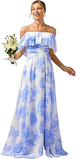 Off The Shoulder Bridesmaid Dresses with Slit A Line Chiffon Long Formal Evening Dress - Buy now