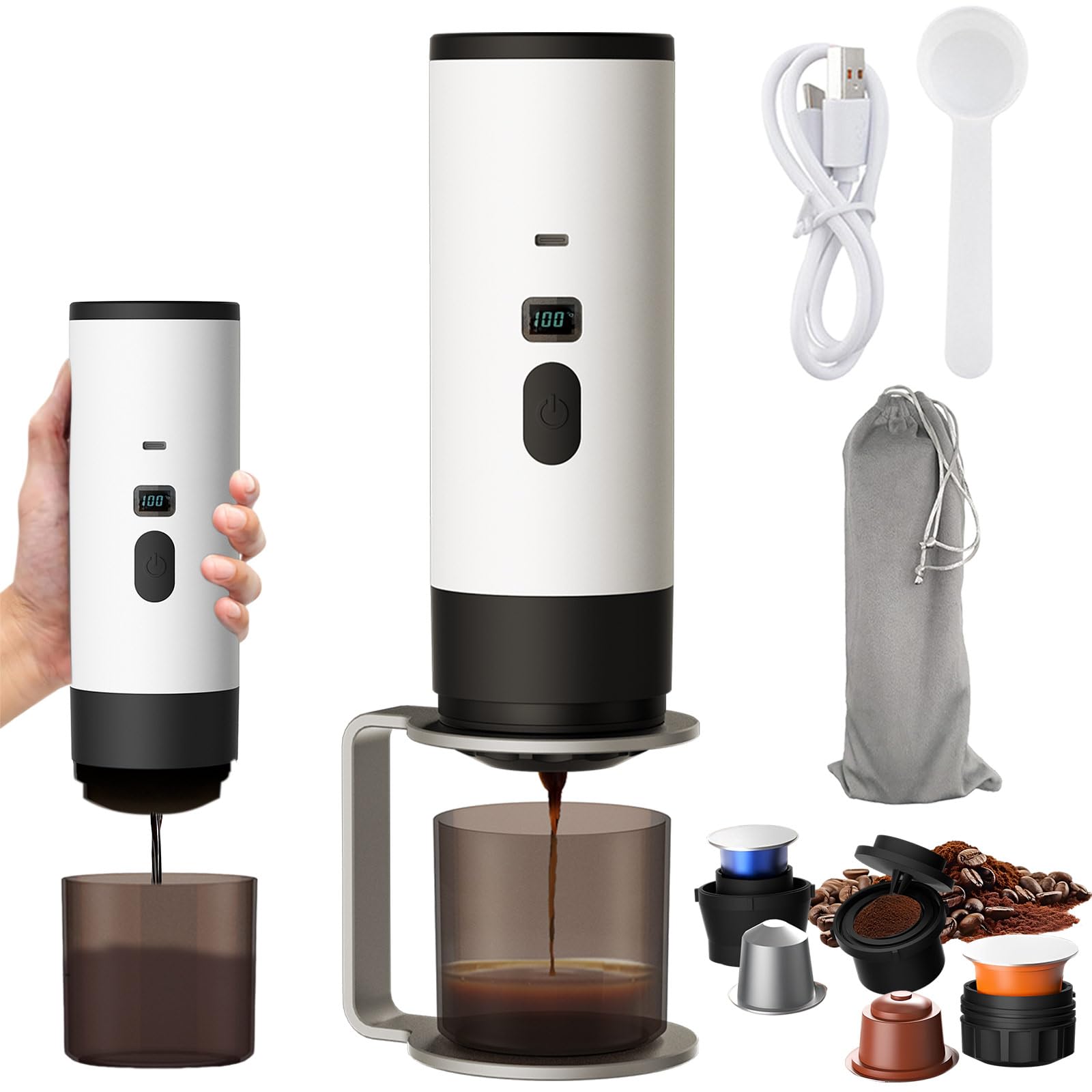 Cafetera portátil con soporte, calefacción rápida 3 en 1 cafetera, portátil, pantalla inteligente, cafetera recargable, compatible con taza y café molido, color blanco