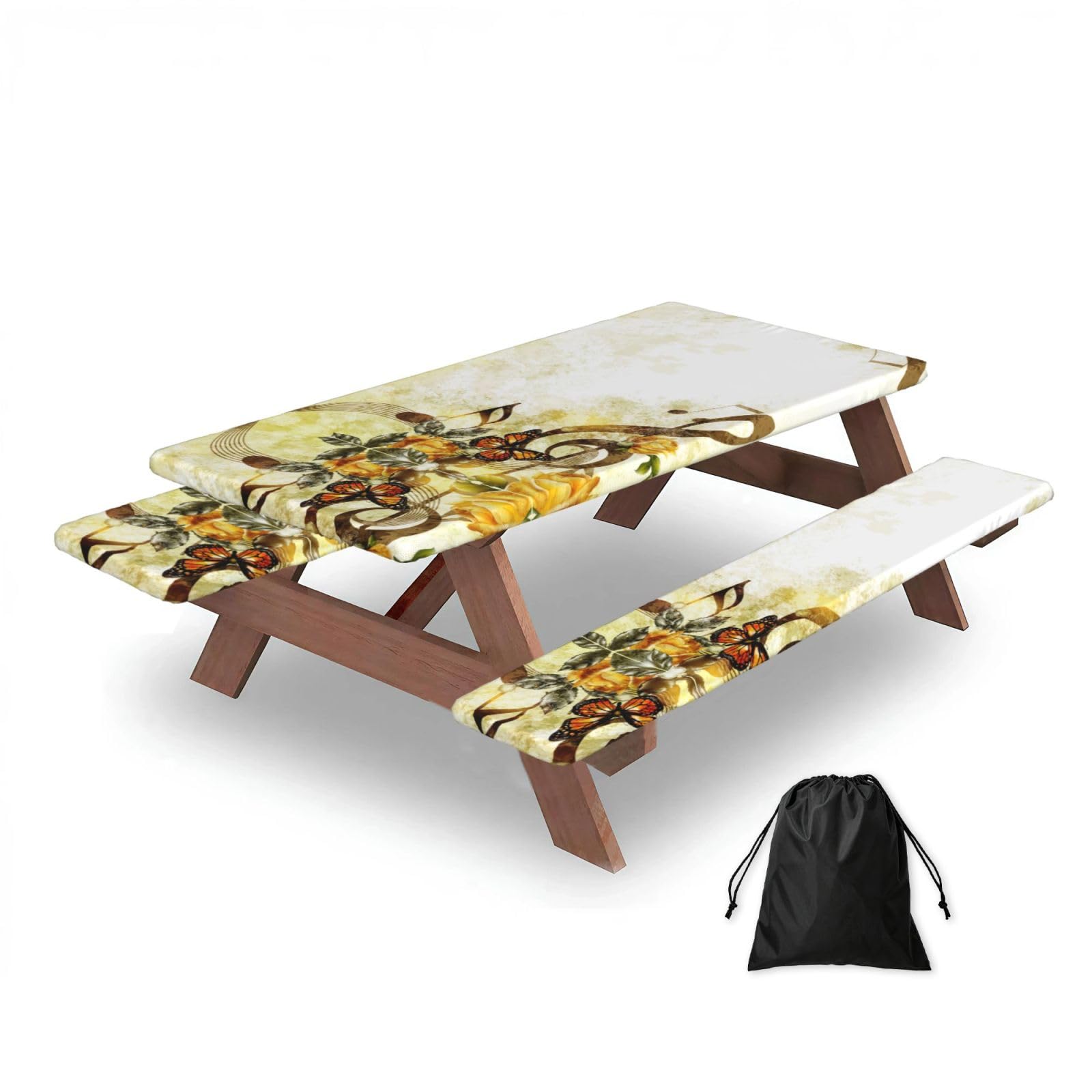 ESNAIUVCD Music Roses Romantic Print Picnic Table Cover With Bench Covers,Camping Essentials,Fitted Tablecloth Cover With Elastic Edge, For Indoor & Outdoor 3 Pcs