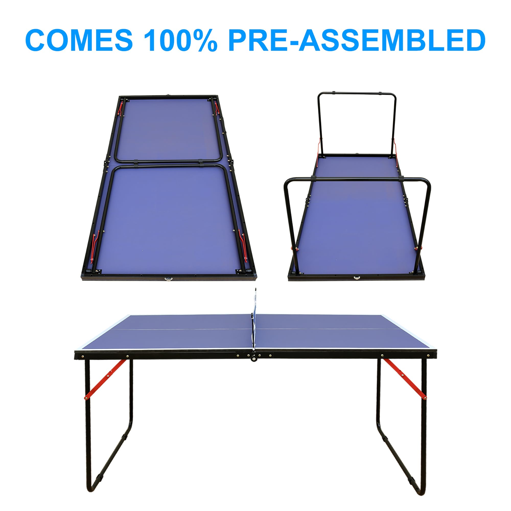 Tavolo da ping pong pieghevole da 137 cm, set da ping pong con rete e 2 racchette, pannello in MDF blu, gambe in metallo a forma di U, antiscivolo, salvaspazio, per interni ed esterni, bambini e