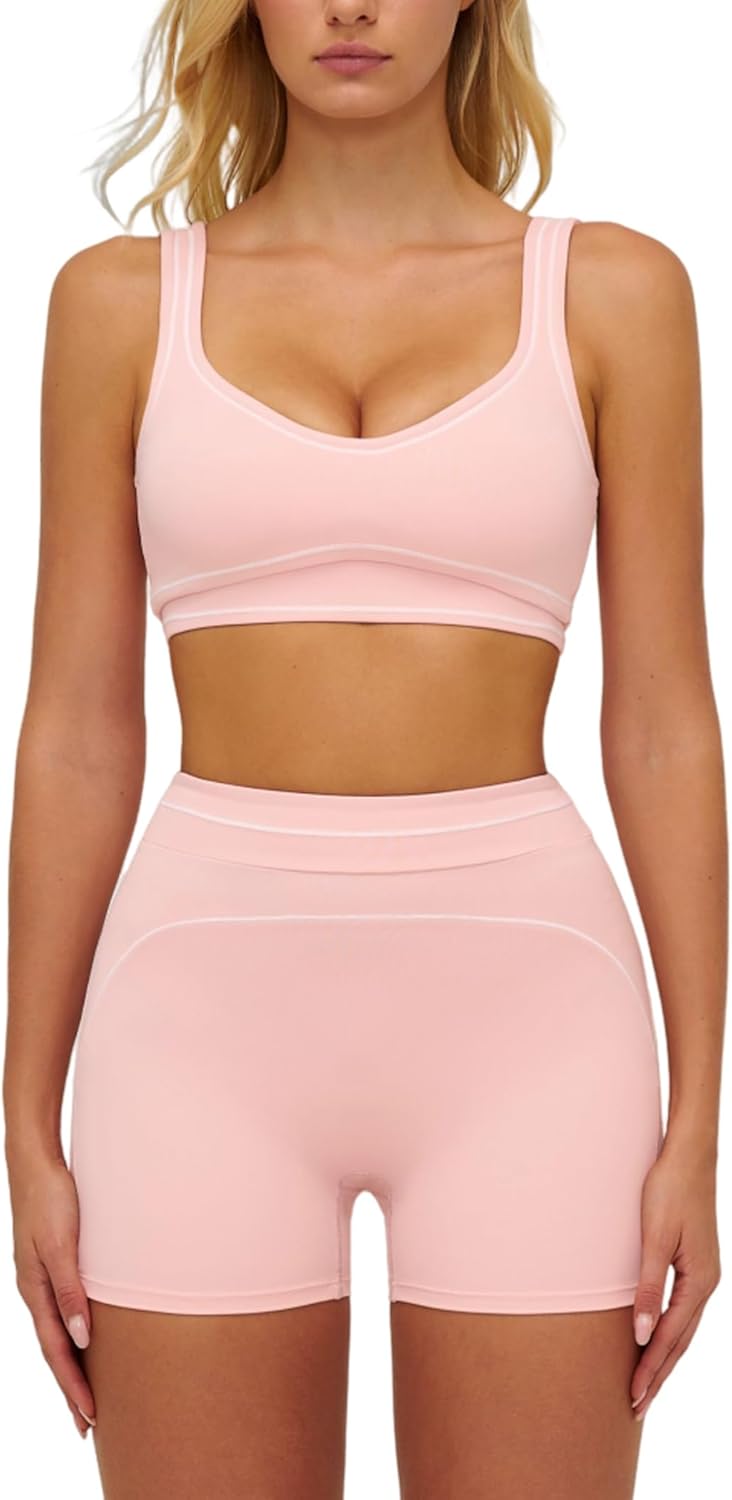 QBGJTD Two Piece Workout Sets for Women Color Block Sports Bra and High Waist Shorts Gym Yoga Active Wear Outfits